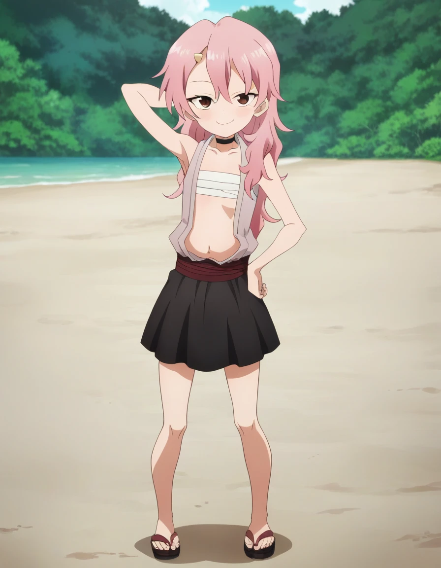 benisumomo, anime coloring ,BREAK source_anime, anime, long hair, hair ornament, red eyes, navel, pink hair, japanese clothes, choker, hairclip, flat chest, black choker, sarashi, chest sarashi, black skirt, high quality, solo, night sky, beach, arm behind head, hand on hip, contrapposto, closed mouth, spread armpits, full body, looking at viewer, smile, best quality, puffing chest,