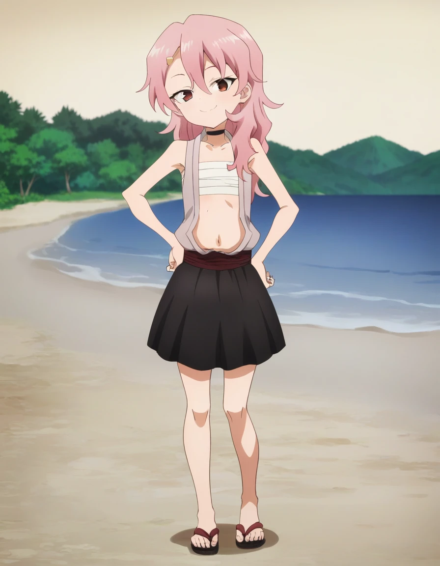 benisumomo, anime coloring ,BREAK source_anime, anime, long hair, hair ornament, red eyes, navel, pink hair, japanese clothes, choker, hairclip, flat chest, black choker, sarashi, chest sarashi, black skirt, high quality, solo, night sky, beach, arm behind head, hand on hip, contrapposto, closed mouth, spread armpits, full body, looking at viewer, smile, best quality, puffing chest,