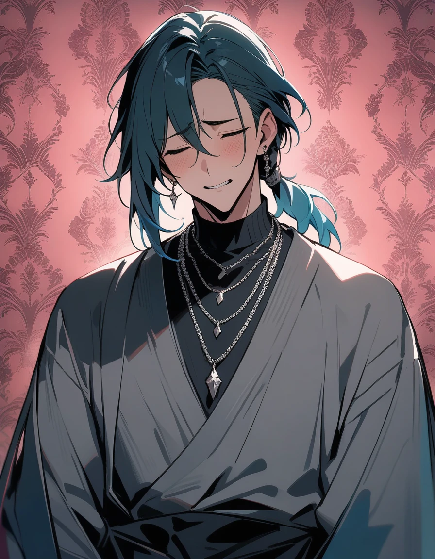 ((((best masterpiece, best quality, wallpaper,)))) solo, 1male, 30 years old, handsome man, medium long shot, view straight on, looking at viewers, beautiful detailed, longuette,mediumturquoise hair, Lower short ponytail, asymmetrical bangs, ((((closed eyes, tareme, droopy eyes,)))) sharp nose, seductive smile, clear face, black turtleneck, grey cardigan, ((silver earrings, silver necklace,)) leggings, lighting back, backlighting, pink background color,
