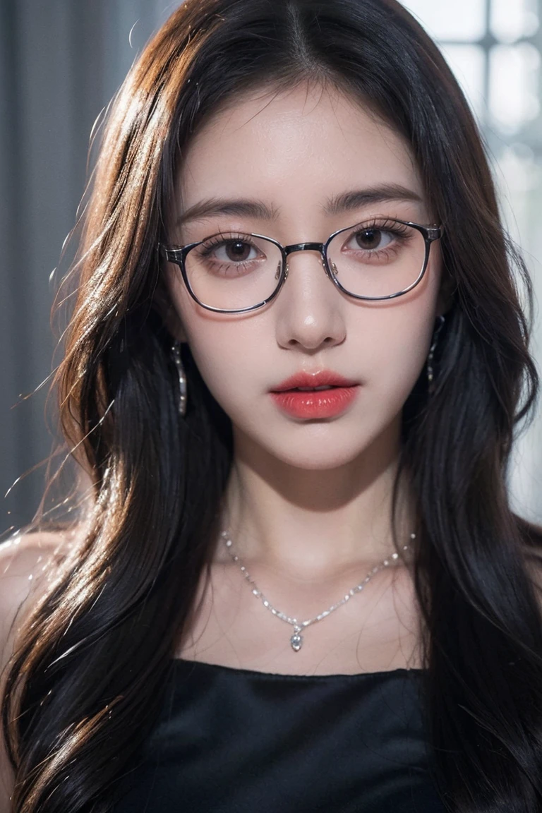 Top CG, Highest image quality, masterpiece, gentle beautiful girl, (185cm美女), (fit), Imperial sister, Queen temperament, White skin, ((Long legs)), Perfect facial features, Bright Eyes, Seductive pose, red lips, Beautiful and cold (A major breakthrough)), Beautiful and heroic, soft and long hair, sparkling, Lace, net, Visible through clear skin, wear glasses, Diamond Earrings, ruby neckLace, (Black evening dress), 8K Image Quality, (Realistic Portraits), Characters fill the screen, (face lighting), ((eternity)