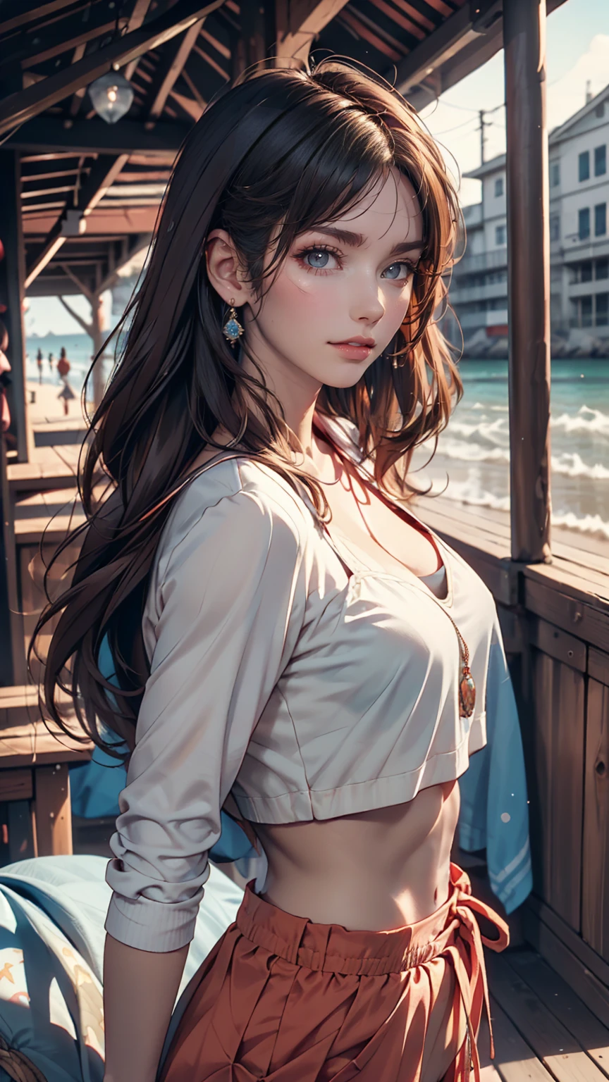 kmwld, (Sharp focus:1.2), photograph, Attractive Young Woman, (Beautiful Face:1.1), Fine grain, Seductive lips, (Cat Eye Makeup:0.85), (Big eyes:1.0), (Toned body:1.2), (1980s Hair:1.2), wear (Clothes from the 1980s:1.2) To (Beach:1.2). (Moody lighting:1.2), Depth of written boundary, Bokeh, 4K, High resolution. Toよる (James C. Christensen:1.2|Jeremy Lipking:1.1).