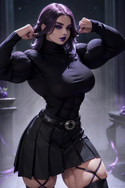 (((((Massive, beautiful, buff, pale white skinned muscular woman with violet purple hair, black lipstick, ginormous bulky muscles and wearing a beautiful black long-sleeved turtleneck sweater with black pleated skirt))))), (close view), (massive muscles), hyper muscles, long hair with long bangs, ((chained belt)), black eyes, choker, ((black long-sleeved turtleneck sweater)), (beautiful pleated skirt), belt, black boots, (in the Star beautiful village), closed smile, night, ginormous muscles