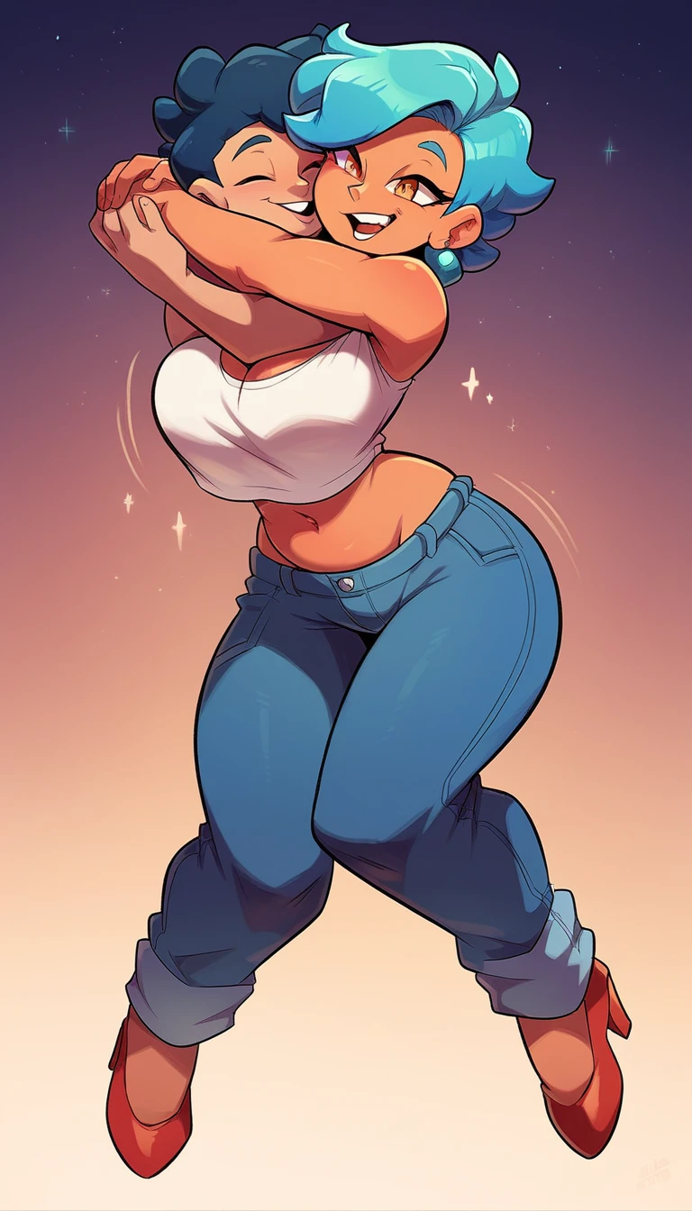 A tall woman, sexy, big breast, beautiful, happy, confident, affectionate, with short bright blue hair and orange eyes, wearing a white sleeveless button-down shirt, showing her navel and dark blue pants underneath, and wearing a kitten, red heels, uterus sex.