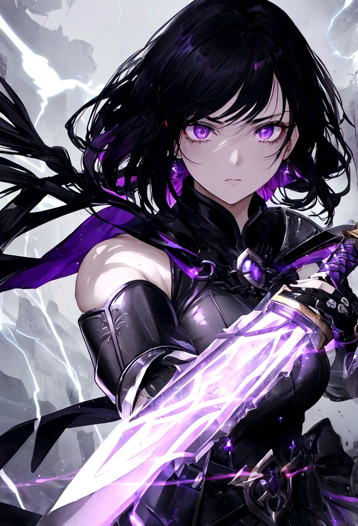a woman with black hair and white streaks with sad face holding a large purple sword, detailed eyes, detailed sword, cinematic lightning