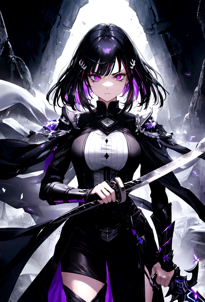a woman with black hair and white streaks with sad face holding a large purple sword, detailed eyes, detailed sword, cinematic lightning