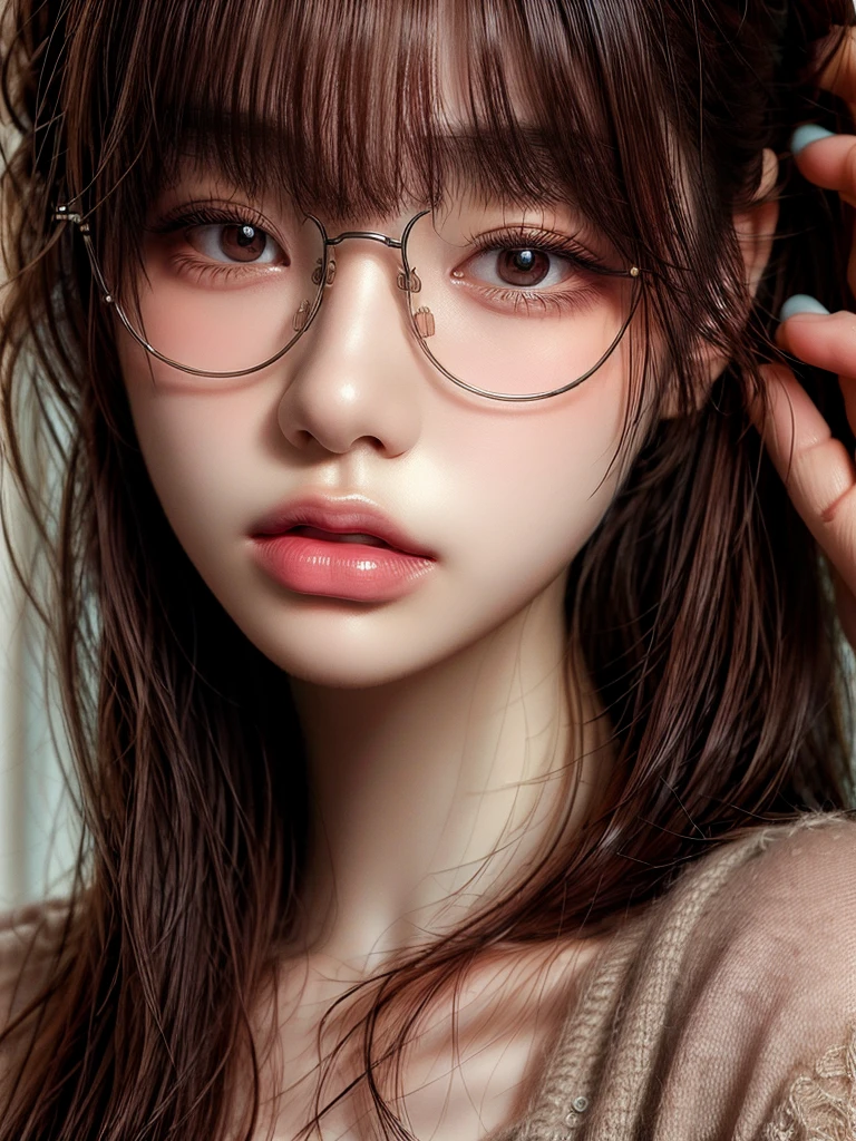 (highest quality, masterpiece), One girl, Speckled sunlight, indoor, Glasses, shy, 1 girl, Young girl, (It gives me goosebumps:0.7), Beautiful Face, (eyeliner, lipstick:0.9), 4K, 8k, 超High resolution, High resolution, detailed background, Background bust-up photo