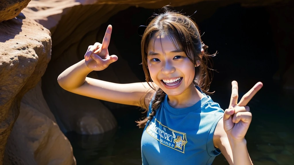 hina kikuchi, Sweaty,Wet big, Laughing with tongue out, smile, Making a peace sign with both hands, A female adventurer wearing brown shorts, 15-year-old girl, Inside the cave, Holding a dagger