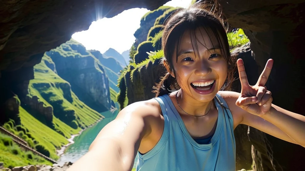 hina kikuchi, Sweaty,Wet big, Laughing with tongue out, smile, Making a peace sign with both hands, A female adventurer wearing brown shorts, 15-year-old girl, Inside the cave, Holding a dagger