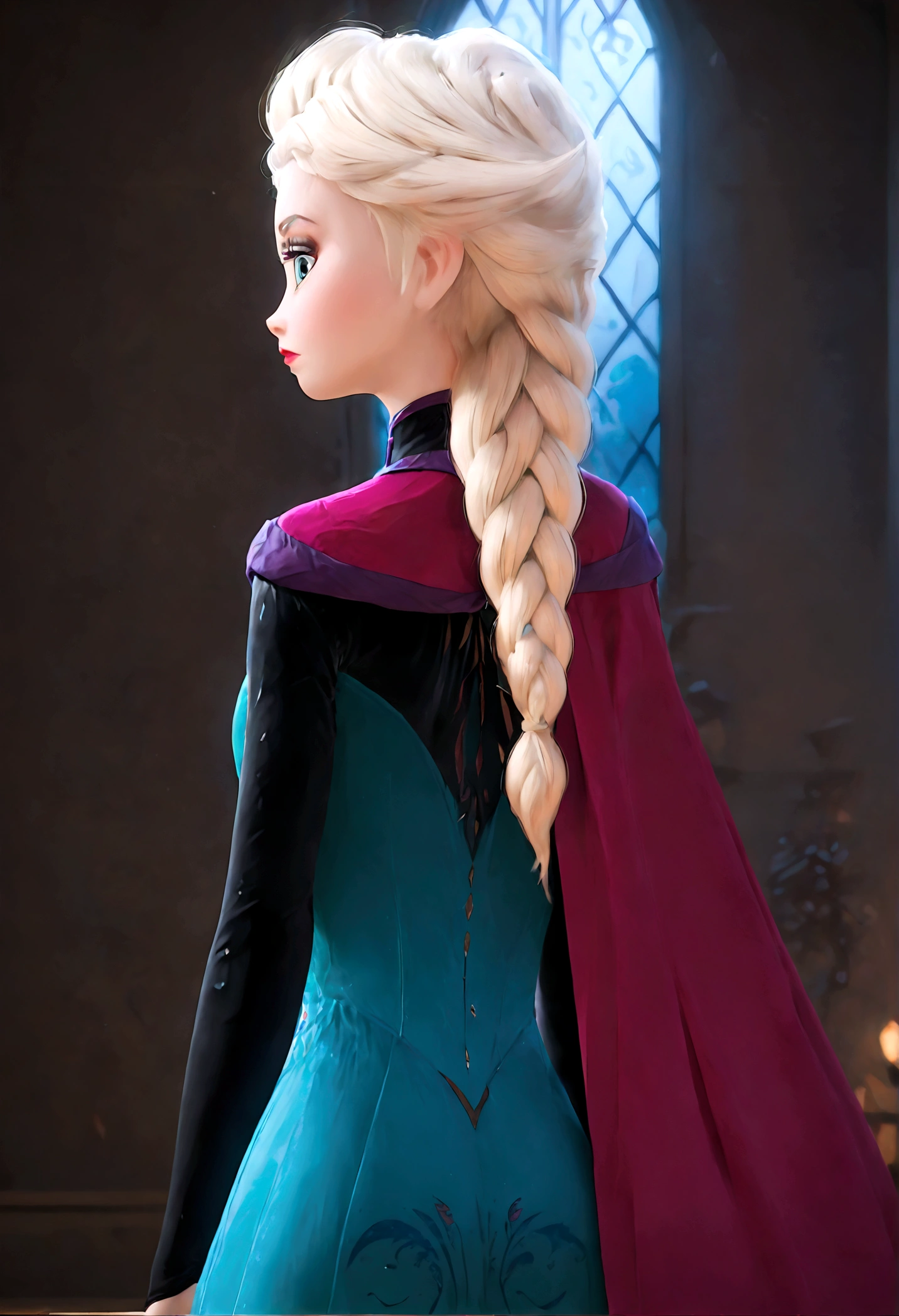 score_9, score_8_up, score_7_up, score_6_up, 1girl, elsa \(frozen\) in the corridor of the library, (single braid), (Elsa's Coronation Dress), cloak, upper body, long hair, worm light, solo, (Back View, from behind:1.4), looking back over shoulder, Frozen_elsa_textV1-PonyXL, anime screenshot, source_anime, dramatic composition, cinematic dynamic action scene, vibrant colors, cinematic lighting, dramatic lighting, best quality, masterpiece, very aesthetic, perfect composition, intricate details, ultra-detailed