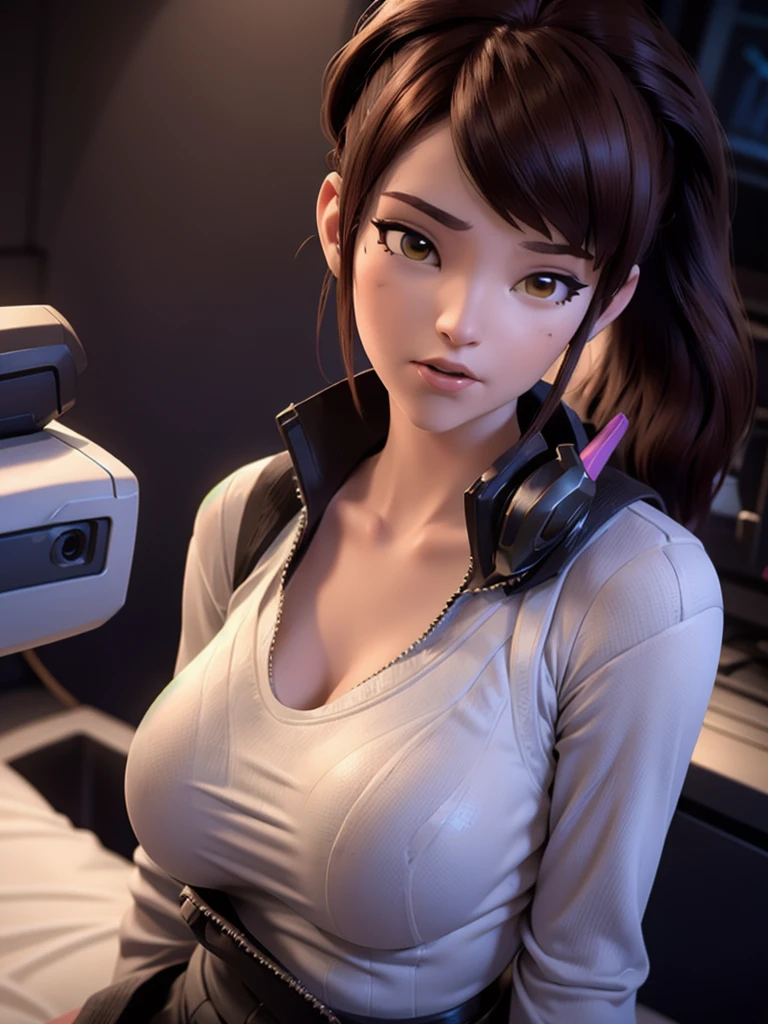 (DVA from Overwatch) without mech, a beautiful woman with short brown hair in a (ponytail), high quality refelctions, volumetric lighting, wearing a (plain white t-shirt), in her bedroom on her bed, 1 girl solo, cinematic lighting, high resolution, physically-based rendering, extremely detailed, 8k, volumetric lighting, hyperrealistic, detailed facial features, masterpiece, intricate details, full upper body, gaming setup in background, cinematic, you can see the fabric of the shirt and the knits very detailed, small breasts, nsfw