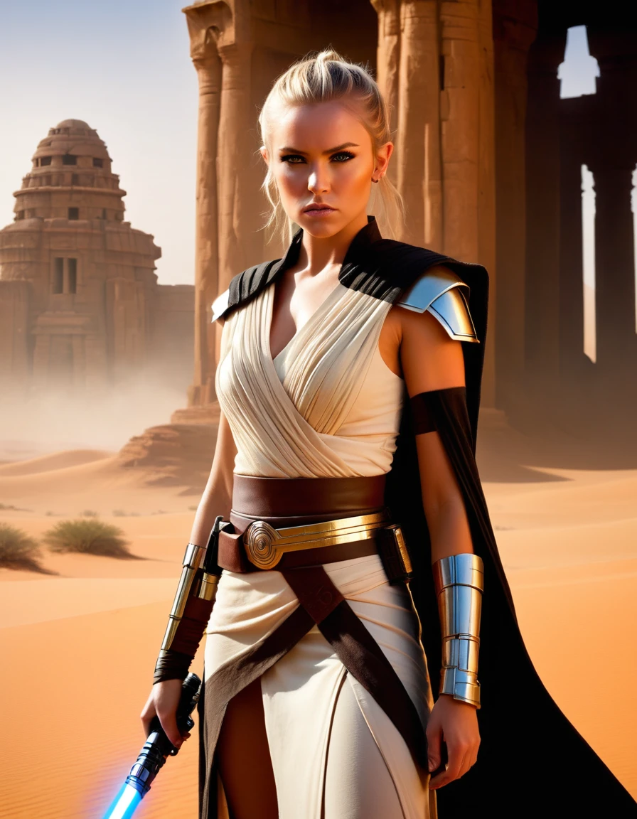 very attractive 25 year old with long platinum blonde hair . "Create an ultra-realistic and highly detailed photograph of a Jedi warrior, captured in the style of photographer Greg Rutkowski. The portrait frames the Jedi from the waist up, showcasing her fierce and determined pose amidst the desert landscape and ancient temple ruins.
The Jedi, with her straight platinum blonde hair, exudes a sense of fierce determination. Her eyes, a piercing yellow, glint with an intense ferocity, and her fair skin with freckles is accentuated by black markings around each eye, giving her a warrior-like appearance.
Dressed in a Jedi outfit made of black leather with intricate pink details, she stands with a stance of a warrior, ready for battle. Her black leather belt, adorned with small pouches and compartments, holds her lightsaber with a golden hilt and a crimson blade, emitting a vibrant red glow that reflects the fire in her eyes.
The background of the portrait is a desert landscape with ancient temple ruins in stone, blurred to create a sense of urgency and focus on the Jedi warrior herself. The sandy hues of the desert contrast with the dark ruins, adding to the intensity of the scene.
Greg Rutkowski's signature style of photography captures every detail of the Jedi's fierce pose, from the taut muscles in her arms to the determined set of her jaw. The result is a stunningly realistic portrait that invites the viewer to feel the power and determination radiating from the Jedi warrior.
This ultra-realistic illustration brings to life the essence of a Jedi warrior, standing raucously amidst the desolate beauty of the desert, ready to unleash her fury upon any who dare to challenge her."to life the essence of a young Jedi, standing strong and resolute amidst the desolate beauty of the desert, ready to face whatever challenges the galaxy may throw her way."