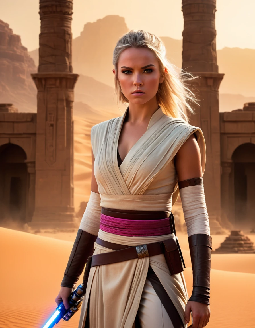 very attractive 25 year old with long platinum blonde hair . "Create an ultra-realistic and highly detailed photograph of a Jedi warrior, captured in the style of photographer Greg Rutkowski. The portrait frames the Jedi from the waist up, showcasing her fierce and determined pose amidst the desert landscape and ancient temple ruins.

The Jedi, with her straight platinum blonde hair, exudes a sense of fierce determination. Her eyes, a piercing yellow, glint with an intense ferocity, and her fair skin with freckles is accentuated by black markings around each eye, giving her a warrior-like appearance.

Dressed in a Jedi outfit made of black leather with intricate pink details, she stands with a stance of a warrior, ready for battle. Her black leather belt, adorned with small pouches and compartments, holds her lightsaber with a golden hilt and a crimson blade, emitting a vibrant red glow that reflects the fire in her eyes.

The background of the portrait is a desert landscape with ancient temple ruins in stone, blurred to create a sense of urgency and focus on the Jedi warrior herself. The sandy hues of the desert contrast with the dark ruins, adding to the intensity of the scene.

Greg Rutkowski's signature style of photography captures every detail of the Jedi's fierce pose, from the taut muscles in her arms to the determined set of her jaw. The result is a stunningly realistic portrait that invites the viewer to feel the power and determination radiating from the Jedi warrior.

This ultra-realistic illustration brings to life the essence of a Jedi warrior, standing raucously amidst the desolate beauty of the desert, ready to unleash her fury upon any who dare to challenge her."to life the essence of a young Jedi, standing strong and resolute amidst the desolate beauty of the desert, ready to face whatever challenges the galaxy may throw her way."