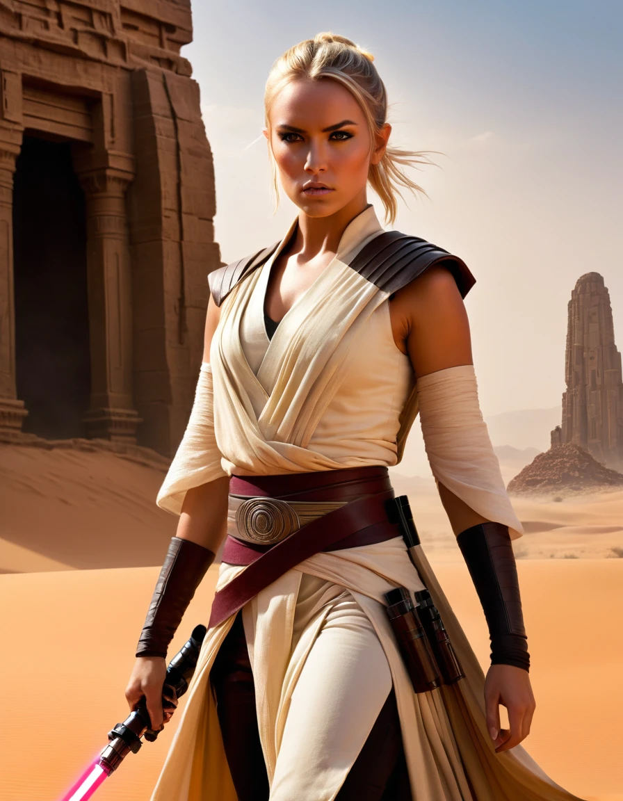 very attractive 25 year old with long platinum blonde hair . "Create an ultra-realistic and highly detailed photograph of a Jedi warrior, captured in the style of photographer Greg Rutkowski. The portrait frames the Jedi from the waist up, showcasing her fierce and determined pose amidst the desert landscape and ancient temple ruins.

The Jedi, with her straight platinum blonde hair, exudes a sense of fierce determination. Her eyes, a piercing yellow, glint with an intense ferocity, and her fair skin with freckles is accentuated by black markings around each eye, giving her a warrior-like appearance.

Dressed in a Jedi outfit made of black leather with intricate pink details, she stands with a stance of a warrior, ready for battle. Her black leather belt, adorned with small pouches and compartments, holds her lightsaber with a golden hilt and a crimson blade, emitting a vibrant red glow that reflects the fire in her eyes.

The background of the portrait is a desert landscape with ancient temple ruins in stone, blurred to create a sense of urgency and focus on the Jedi warrior herself. The sandy hues of the desert contrast with the dark ruins, adding to the intensity of the scene.

Greg Rutkowski's signature style of photography captures every detail of the Jedi's fierce pose, from the taut muscles in her arms to the determined set of her jaw. The result is a stunningly realistic portrait that invites the viewer to feel the power and determination radiating from the Jedi warrior.

This ultra-realistic illustration brings to life the essence of a Jedi warrior, standing raucously amidst the desolate beauty of the desert, ready to unleash her fury upon any who dare to challenge her."to life the essence of a young Jedi, standing strong and resolute amidst the desolate beauty of the desert, ready to face whatever challenges the galaxy may throw her way."