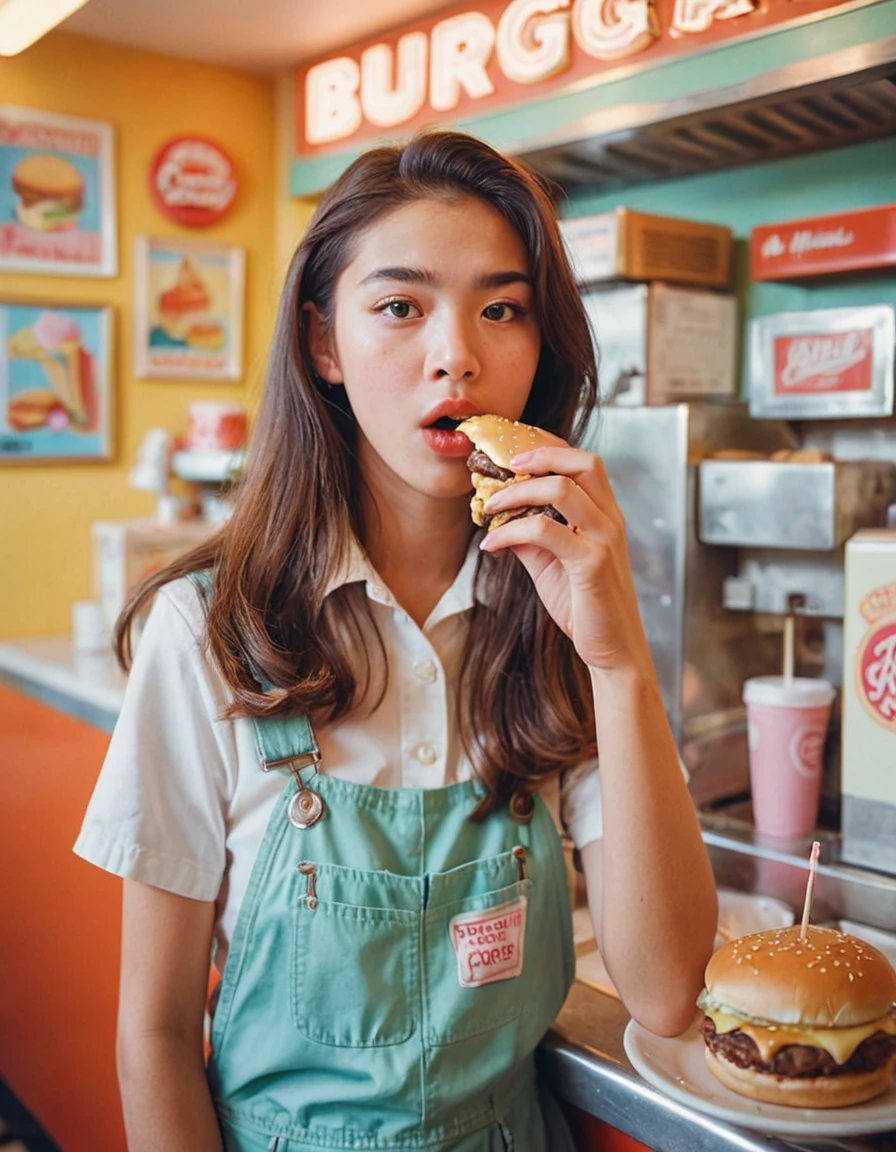 Portrait MagMix Girl looking at the camera,Eating a burger、 Stuffing a burger into his mouth、Long Hair, Overalls, A retro ice cream shop with pastel-colored walls, Classic Soda Fountain Counter, Vintage Burger Poster, bathed in warm sunlight, Analog Film Photography, Kodachrome.