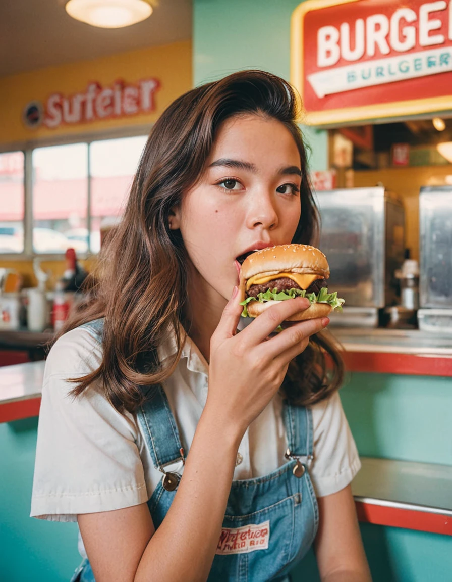Portrait MagMix Girl looking at the camera,Eating a burger、 Stuffing a burger into his mouth、Long Hair, Overalls, A retro ice cream shop with pastel-colored walls, Classic Soda Fountain Counter, Vintage Burger Poster, bathed in warm sunlight, Analog Film Photography, Kodachrome.
