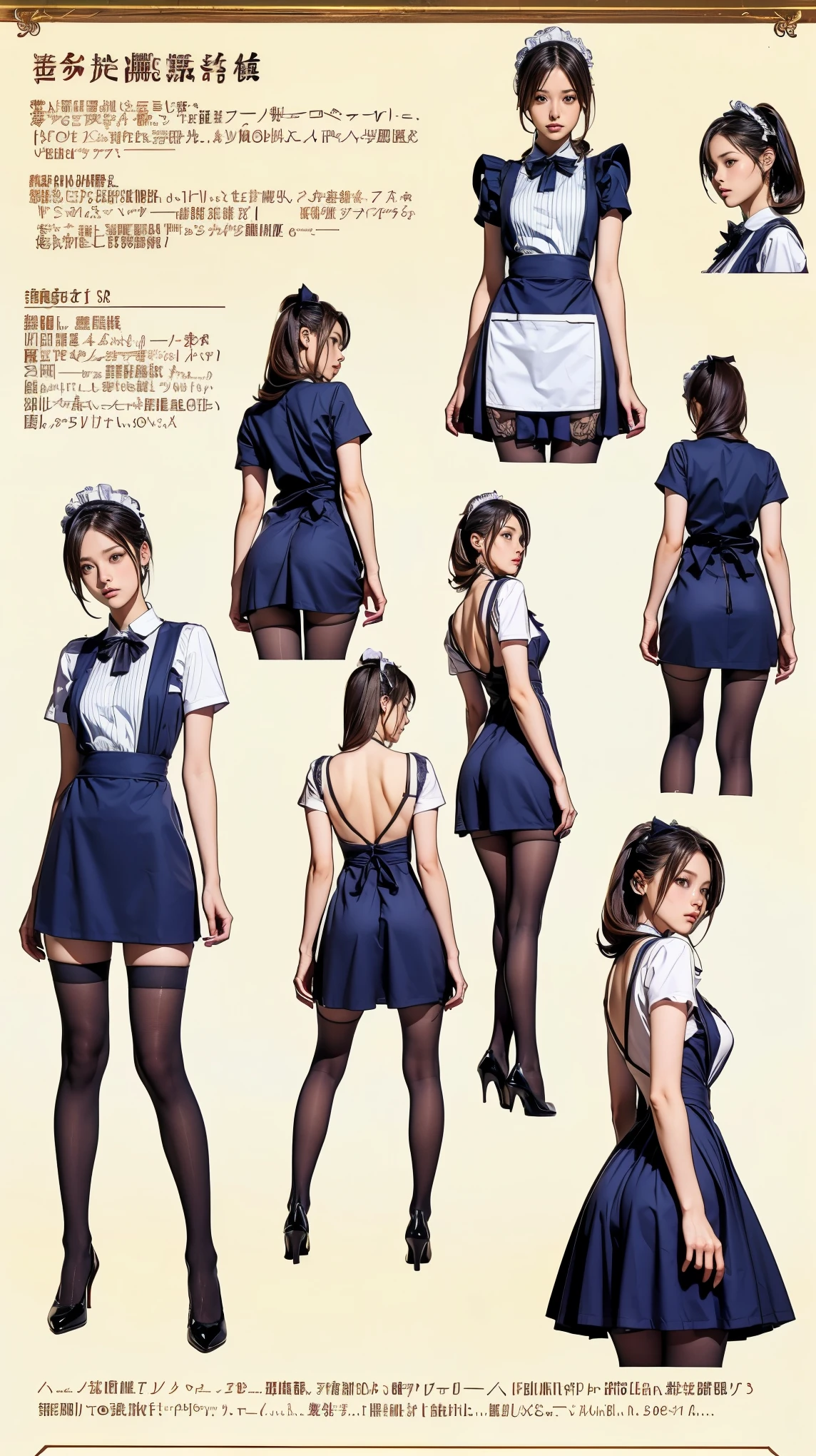 ((masterpiece)),(((highest quality))),((Reference Sheet, Character Design, front, return, ~ ~ ~ side, Mr...々Hairstyle, Mr...々performance, Facial Expressions)), 14-year-old girl, Cute type, (Very slim:1.4), (Very small ass:1.4), Realistic buttocks, Big Breasts, Short Bob, Thin thighs, Long legs, It's not a big deal, ((Dress and stockings, Gorgeous maid, Maid clothes,Hair Ribbon)), ((Browsing Caution:1.0))