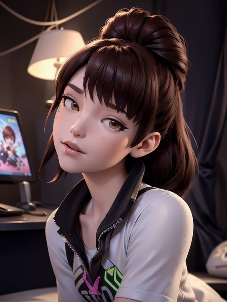 (DVA from Overwatch) without mech, a beautiful woman with short brown hair in a (ponytail), high quality refelctions, volumetric lighting, wearing a (plain white t-shirt), in her bedroom on her bed, 1 girl solo, cinematic lighting, high resolution, physically-based rendering, extremely detailed, 8k, volumetric lighting, hyperrealistic, detailed facial features, masterpiece, intricate details, full upper body, gaming setup in background, cinematic, you can see the fabric of the shirt and the knits very detailed, small breasts, nsfw