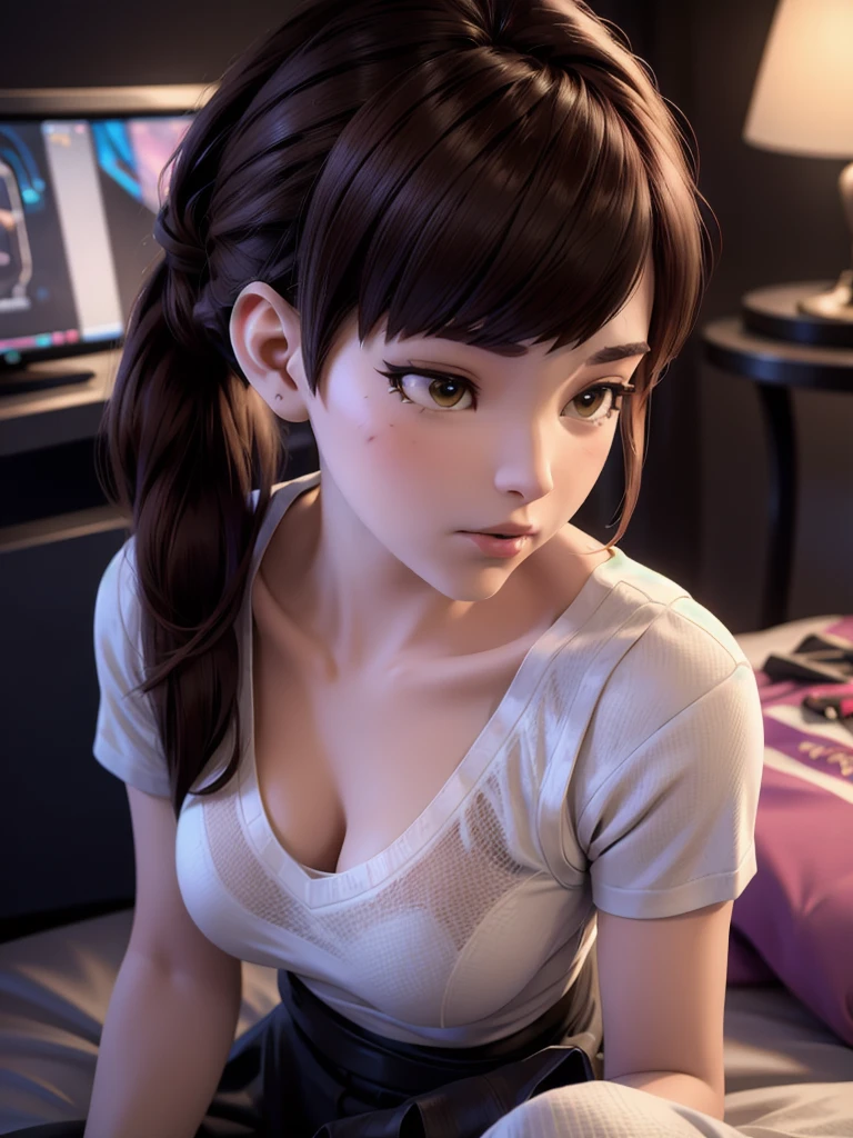 (DVA from Overwatch) without mech, a beautiful woman with short brown hair in a (ponytail), high quality refelctions, volumetric lighting, wearing a (plain white t-shirt), in her bedroom on her bed, 1 girl solo, cinematic lighting, high resolution, physically-based rendering, extremely detailed, 8k, volumetric lighting, hyperrealistic, detailed facial features, masterpiece, intricate details, full upper body, gaming setup in background, cinematic, you can see the fabric of the shirt and the knits very detailed, small breasts, nsfw