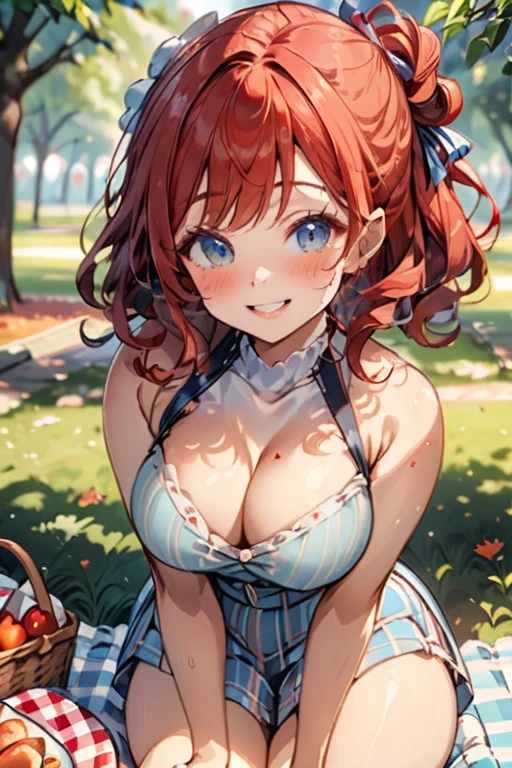 A woman with average height, with a curvy build; curly red hair; blue eyes; freckled face; a perpetually cheerful smile; soft breasts; clearly in love; having a picnic in the park; soft blur background, clear complexion