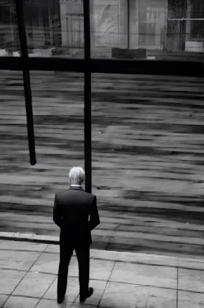 1man, alone, business suit, neat white hair cut, blurryface, blurred face, plain patterns, monochromatic, black and white, shades of grey, shades of gray, old manor background, mansion interior, old playstation style game, lorelei and the laser eyes style, game style, vintage