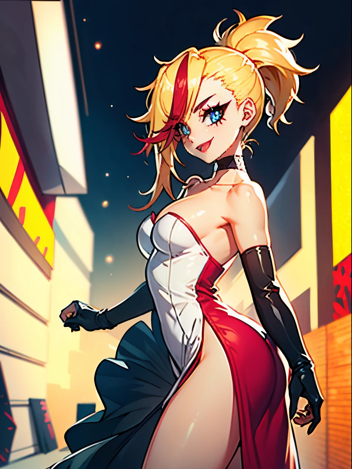 long hair, blonde hair, red dress, long dress, strapless dress, long white elbow gloves, smile, light red lipstick, eye shadow makeup , makeup, black choker, cowboy shot