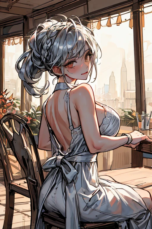 (A masterpiece of image quality in 8K),(Beautiful Allafed Woman),(((emphasizing breasts:1.3))),(Dynamic angles),(Dynamic and sexy bending pose:1.3),(sit a chair:1.3),(Short hair in shiny silver and orange inner colors,large full breasts,Disturbance of clothing due to movement,breast slip,(Ponytail twisted buns adorned with elaborate braids and beads,Braided Setup Fishbone Hair,),(see-through bangs),Huge breasts、(((A white lace apron that shows your bare skin from under your big breasts.......)))、Blush with embarrassment、Enraptured eyes、A smile that beguiles the viewer、(Look back:1.7)、Look into the photographer,skin glistening with sweat,gazing at viewer,,(Professional Lighting),(8K,masutepiece,top-quality,Ultra-high resolution output image,),(Ultra HD with complex detail image modes),depth of fields,Beautiful hands,Beautiful fingers,Detailed finger features,(Detailed hair features:1.7),detailed facial features,detailed clothes features,