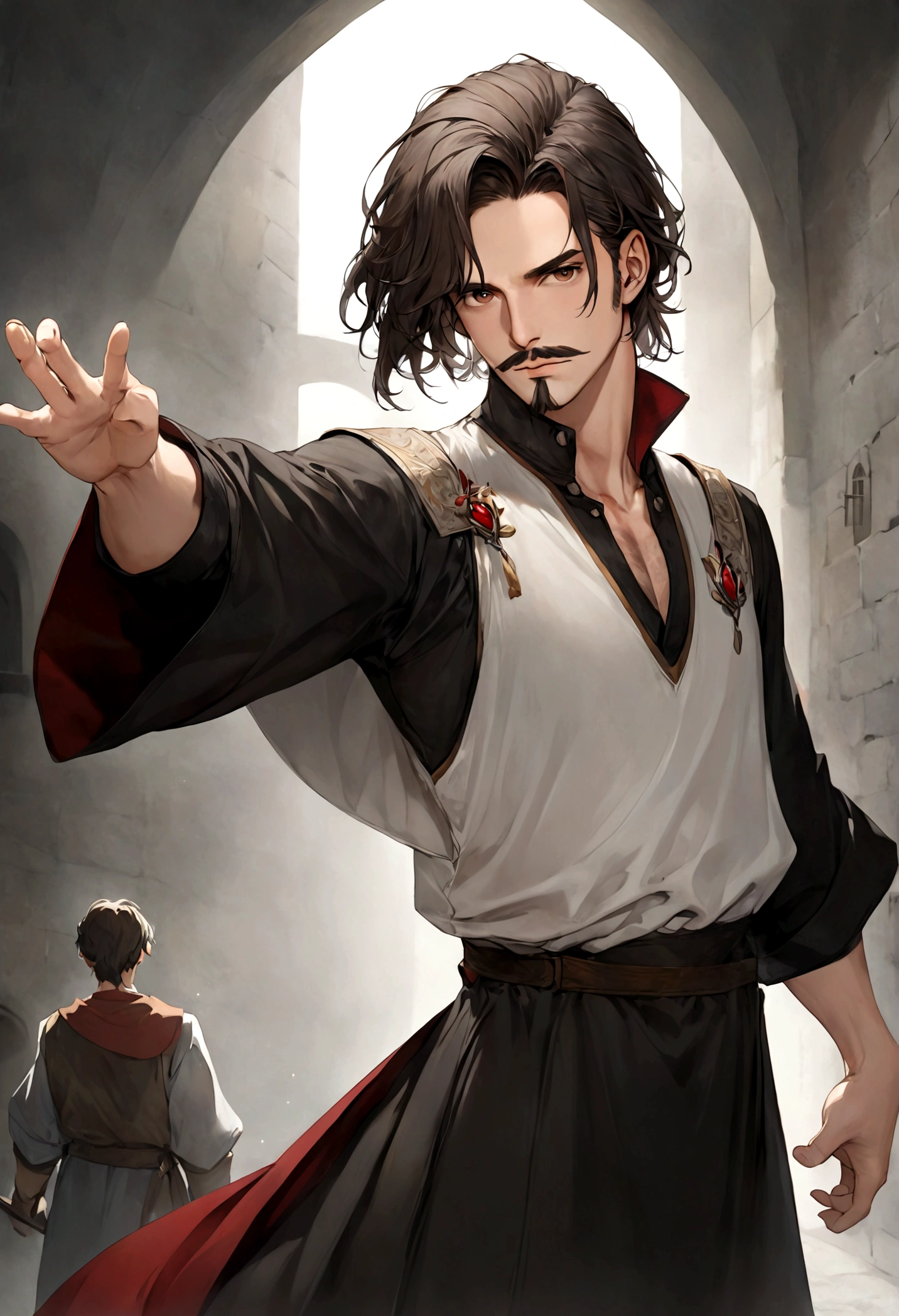 (tunic with red and black colors for men), ), ((bigote estilo Van Dyke y (barba de chivo) "Van Dyke", Van Dyke beard)), (light brown eyes), Aspecto atractivo y serio, ((cabello muy largo oscuro, messy hair)), Elegante y con estilo, magician style tunic, Un hombre similar al actor Jim Morrison con el cabello largo, ((cabello muy largo)), (Imagen realista y de alta calidad), laboratorio medieval, ((La mejor calidad, 8K, obra maestra).((dynamic pose with forward gaze, viendo al espectador)), (cabello largo pasando los hombros)
