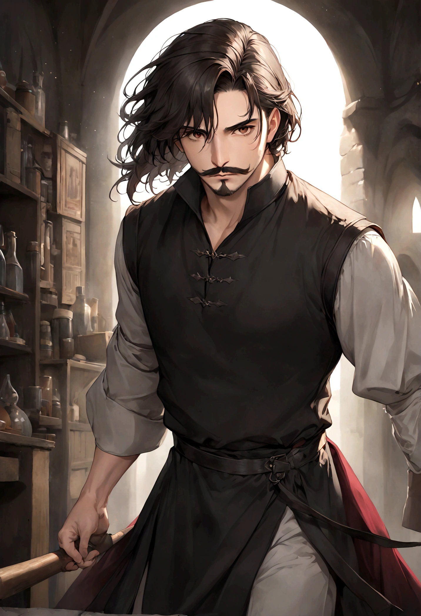 (tunic with red and black colors for men), ), ((bigote estilo Van Dyke y (barba de chivo) "Van Dyke", Van Dyke beard)), (light brown eyes), Aspecto atractivo y serio, ((cabello muy largo oscuro, messy hair)), Elegante y con estilo, magician style tunic, Un hombre similar al actor Jim Morrison con el cabello largo, ((cabello muy largo)), (Imagen realista y de alta calidad), laboratorio medieval, ((La mejor calidad, 8K, obra maestra).((dynamic pose with forward gaze, viendo al espectador)), (cabello largo pasando los hombros)