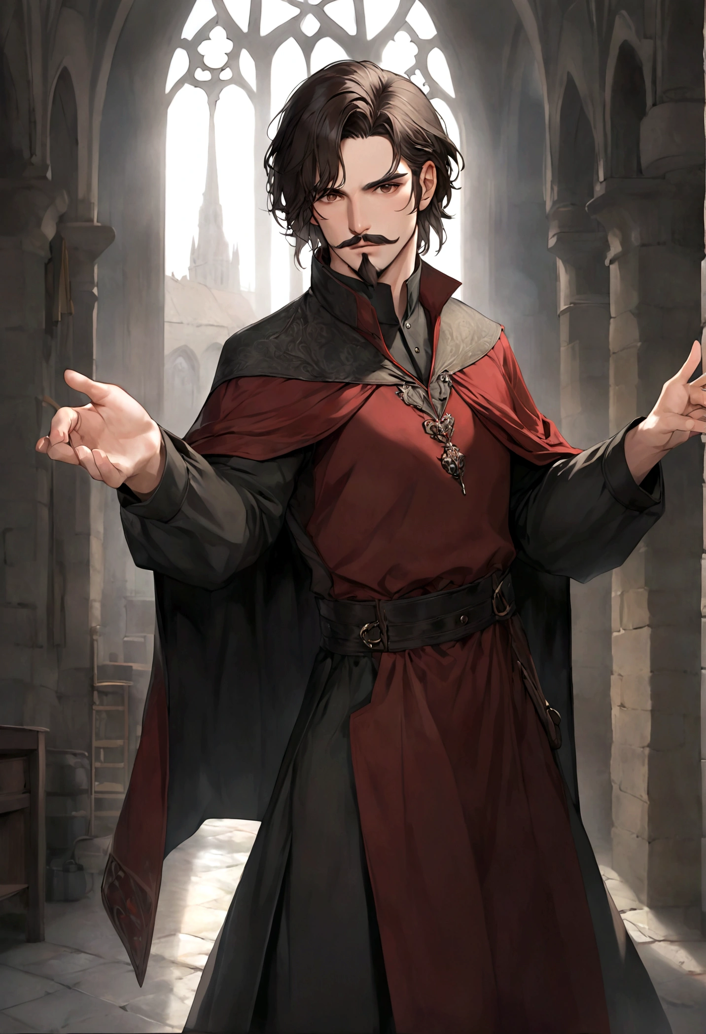 (tunic with red and black colors for men), ), ((bigote estilo Van Dyke y (barba de chivo) "Van Dyke", Van Dyke beard)), (light brown eyes), Aspecto atractivo y serio, ((cabello muy largo oscuro, messy hair)), Elegante y con estilo, magician style tunic, Un hombre similar al actor Jim Morrison con el cabello largo, ((cabello muy largo)), (Imagen realista y de alta calidad), laboratorio medieval, ((La mejor calidad, 8K, obra maestra).((dynamic pose with forward gaze, viendo al espectador)), (cabello largo pasando los hombros)