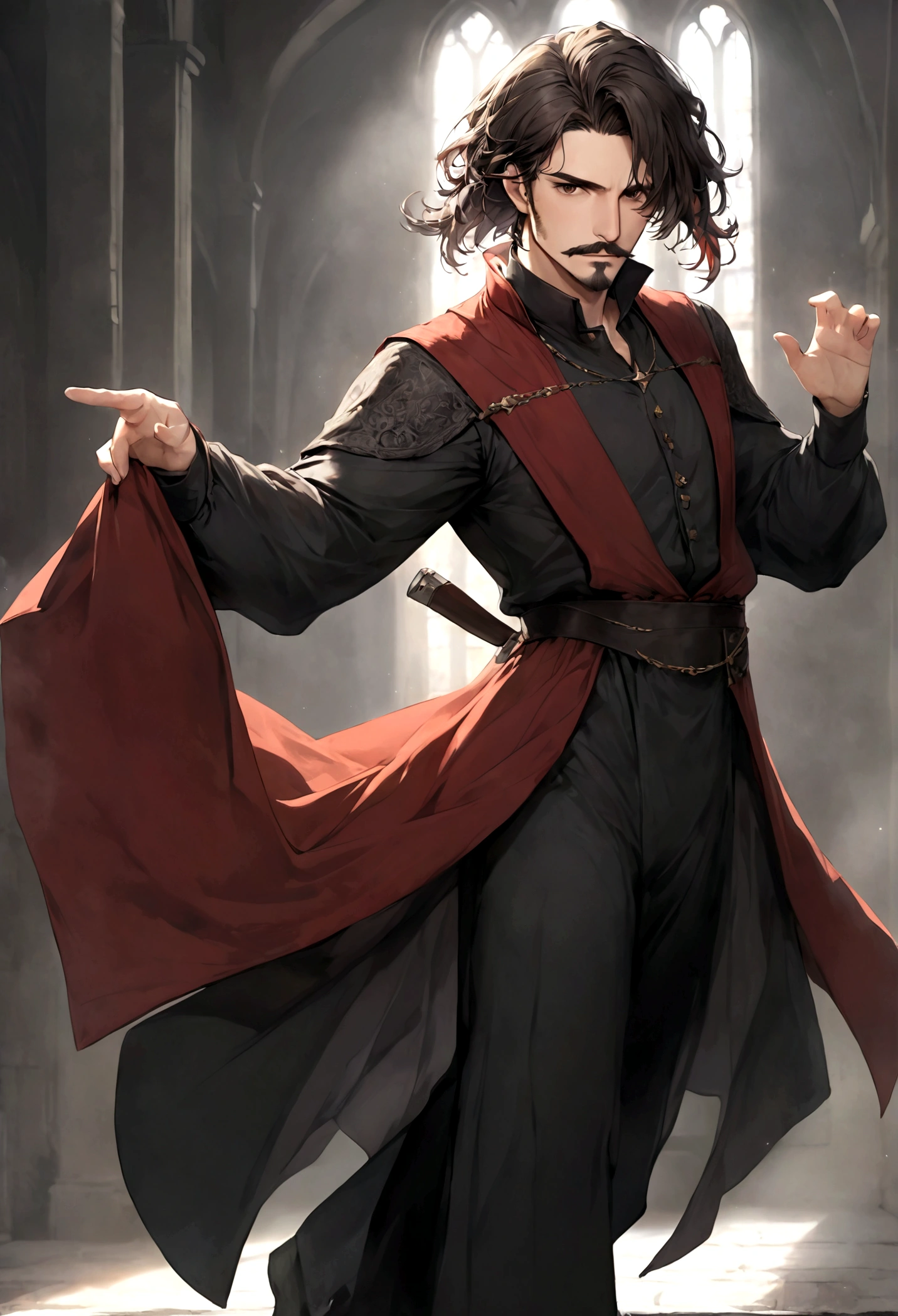(tunic with red and black colors for men), ), ((bigote estilo Van Dyke y (barba de chivo) "Van Dyke", Van Dyke beard)), (light brown eyes), Aspecto atractivo y serio, ((cabello muy largo oscuro, messy hair)), Elegante y con estilo, magician style tunic, Un hombre similar al actor Jim Morrison con el cabello largo, ((cabello muy largo)), (Imagen realista y de alta calidad), laboratorio medieval, ((La mejor calidad, 8K, obra maestra).((dynamic pose with forward gaze, viendo al espectador)), (cabello largo pasando los hombros)
