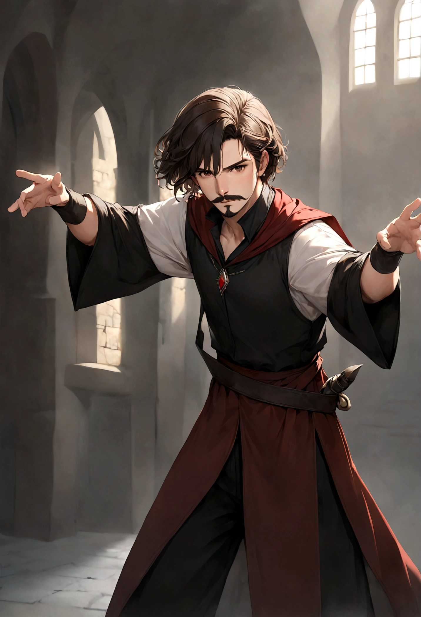 (tunic with red and black colors for men), ), ((bigote estilo Van Dyke y (barba de chivo) "Van Dyke", Van Dyke beard)), (light brown eyes), Aspecto atractivo y serio, ((cabello muy largo oscuro, messy hair)), Elegante y con estilo, magician style tunic, Un hombre similar al actor Jim Morrison con el cabello largo, ((cabello muy largo)), (Imagen realista y de alta calidad), laboratorio medieval, ((La mejor calidad, 8K, obra maestra).((dynamic pose with forward gaze, viendo al espectador)), (cabello largo pasando los hombros)