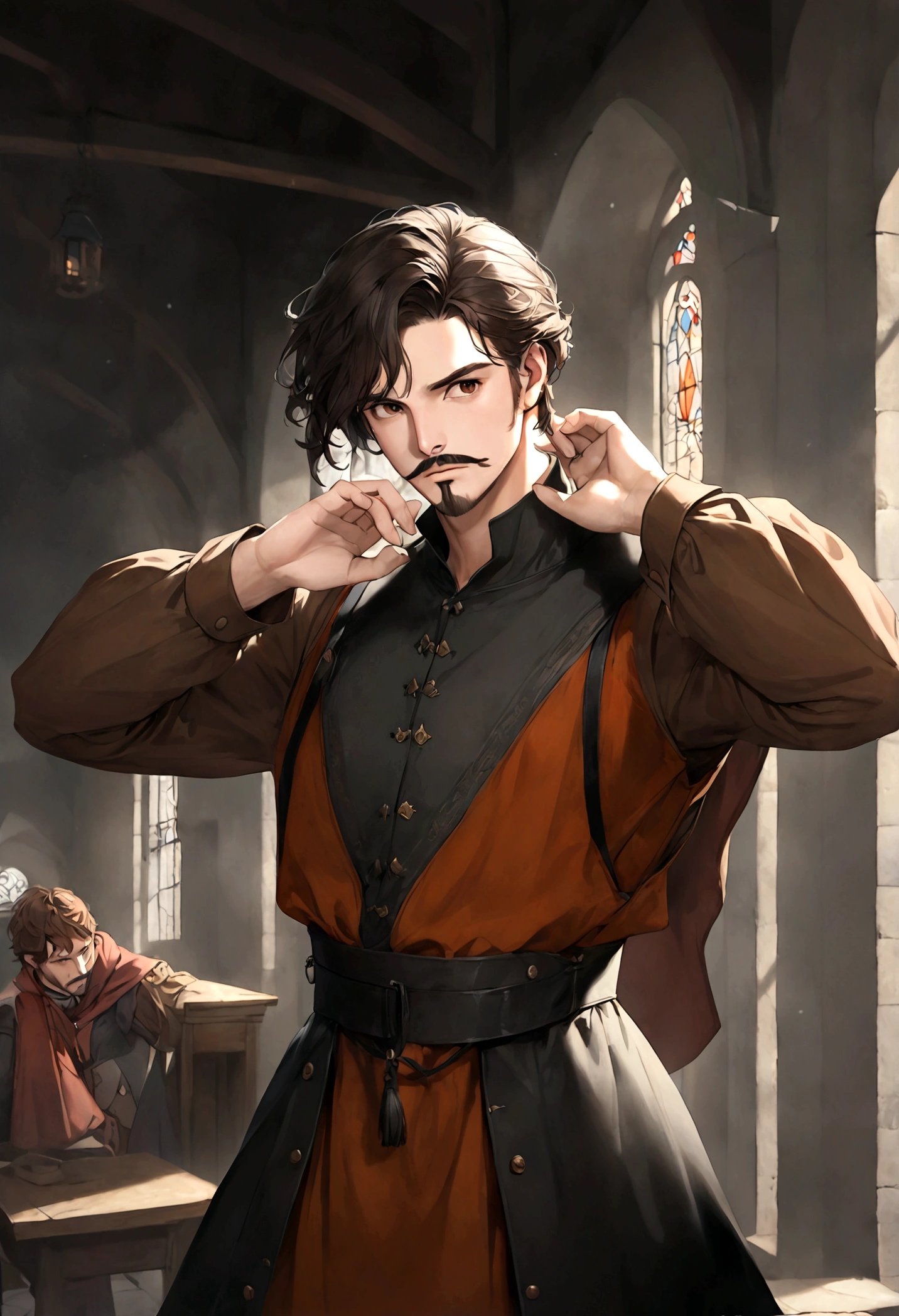 (tunic with red and black colors for men), ), ((bigote estilo Van Dyke y (barba de chivo) "Van Dyke", Van Dyke beard)), (light brown eyes), Aspecto atractivo y serio, ((cabello muy largo oscuro, messy hair)), Elegante y con estilo, magician style tunic, Un hombre similar al actor Jim Morrison con el cabello largo, ((cabello muy largo)), (Imagen realista y de alta calidad), laboratorio medieval, ((La mejor calidad, 8K, obra maestra).((dynamic pose with forward gaze, viendo al espectador)), (cabello largo pasando los hombros)