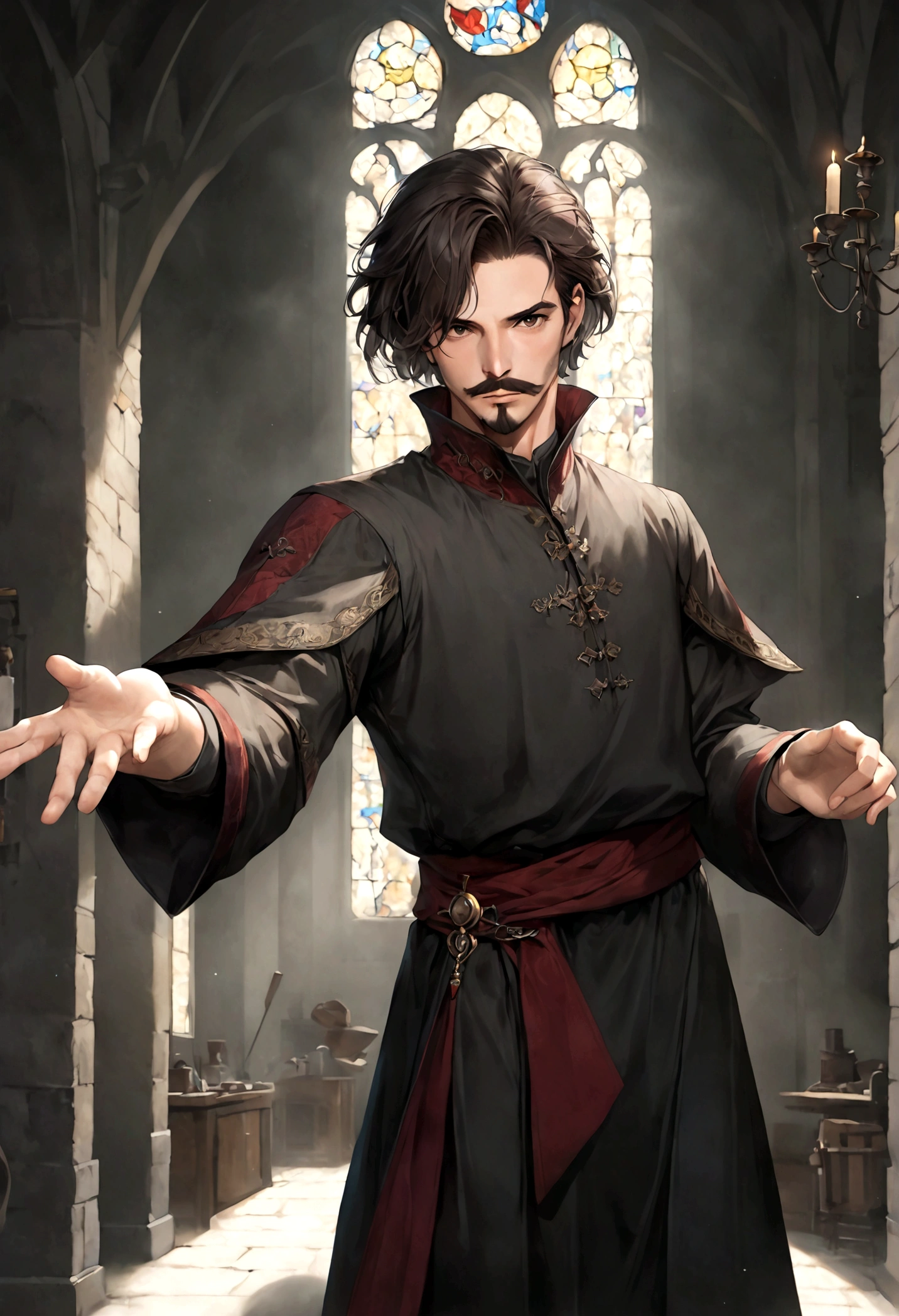 (tunic with red and black colors for men), ), ((bigote estilo Van Dyke y (barba de chivo) "Van Dyke", Van Dyke beard)), (light brown eyes), Aspecto atractivo y serio, ((cabello muy largo oscuro, messy hair)), Elegante y con estilo, magician style tunic, Un hombre similar al actor Jim Morrison con el cabello largo, ((cabello muy largo)), (Imagen realista y de alta calidad), laboratorio medieval, ((La mejor calidad, 8K, obra maestra).((dynamic pose with forward gaze, viendo al espectador)), (cabello largo pasando los hombros)