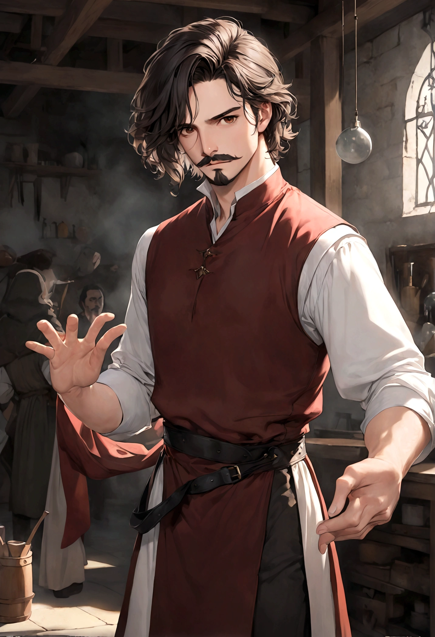 (tunic with red and black colors for men), ), ((bigote estilo Van Dyke y (barba de chivo) "Van Dyke", Van Dyke beard)), (light brown eyes), Aspecto atractivo y serio, ((cabello muy largo oscuro, messy hair)), Elegante y con estilo, magician style tunic, Un hombre similar al actor Jim Morrison con el cabello largo, ((cabello muy largo)), (Imagen realista y de alta calidad), laboratorio medieval, ((La mejor calidad, 8K, obra maestra).((dynamic pose with forward gaze, viendo al espectador)), (cabello largo pasando los hombros)