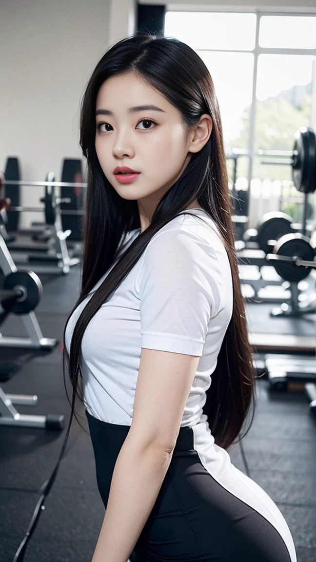 model 22 years old, full-length, long_hair, black hair, winter, on a gym , wearing a sexy gym dress, Lives text on top, thin shaped_body, UHD, 8K, hyper-realistic masterpiece, chromatic aberration, bokeh, intricate, intense colors, vibrant colors, sharp focus, perfect volumetric lighting, epic light,