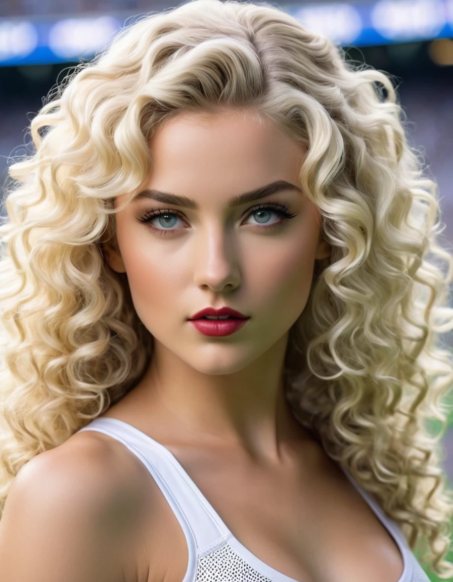Very attractive 25 year old with long very curly platinum blonde hair, as Selina Kyle, exudes beauty with her radiant, smooth skin. Her strong, serious demeanor and confident stance convey an air of convincing allure. insanely detailedfootball ground as background. This captivating portrait is rendered in 4k high-resolution, ensuring every detail is displayed in the best quality. The illustration showcases Selina's determined expression, captivating the viewer's attention with its intricately detailed features. wearing a white top. very realistic