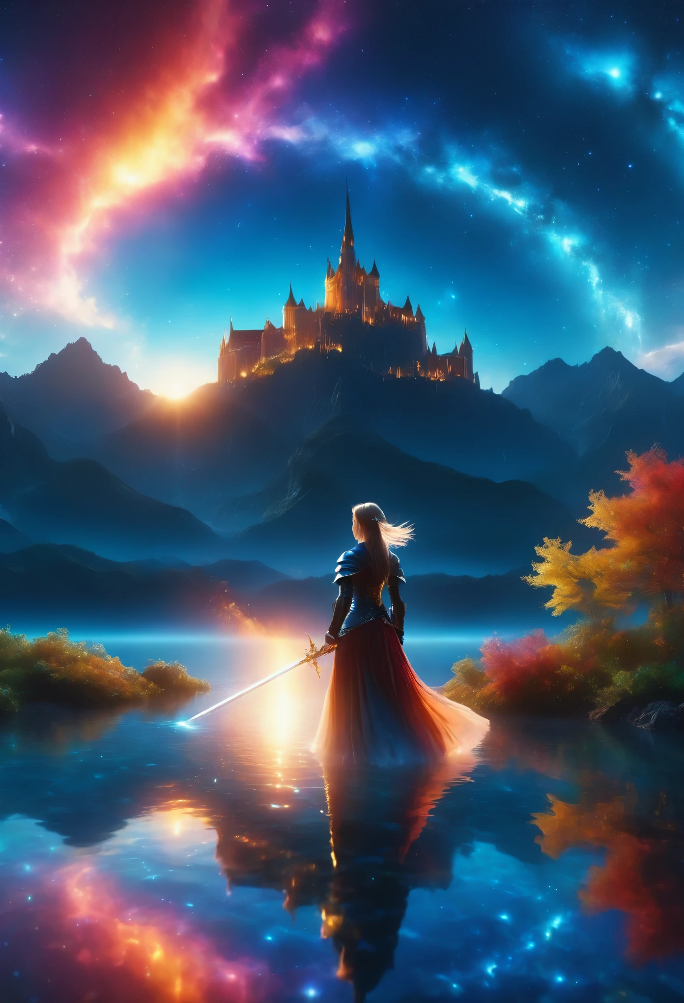 (8k, highest quality, masterpiece, final fantasy style: 1.2), (unrealistic, photorealistic: 1.37), (one mage lady standing on lake side, huge bouncing bust, Cover your whole body in light, with sword with fire, Her sword shines into the heavens:1.1), Dreamy landscape, Fantasy, Unsurreal landscapes, Super detailed, Flying medieval castle, Floating Island in the Sky, Seven-colored swirl of light, (流星のMr.に空を舞う光り輝く尾の長い小鳥:1.3), Aurora, Intense lightning, milky way, Complex Light, Mr.々Colored light, Large Lake, Starry sky reflected on the lake surface, Countless shining stars, Meteors, Many meteors, Aura of, (A pillar of light emanated from the ground:1,2), 複雑な文Mr.の魔法陣,