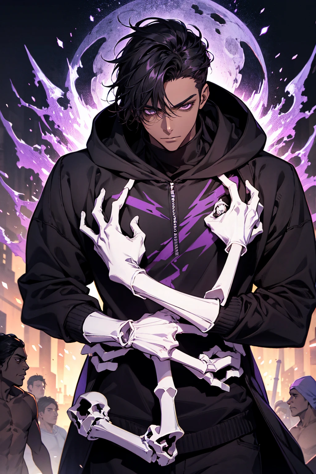 male with bones, looking away from camera, skulls, bones, handsome, black, dark skin, tall, broad shoulders, black hair, purple, purple fire, magic, detailed face, fantasy, hoodie
