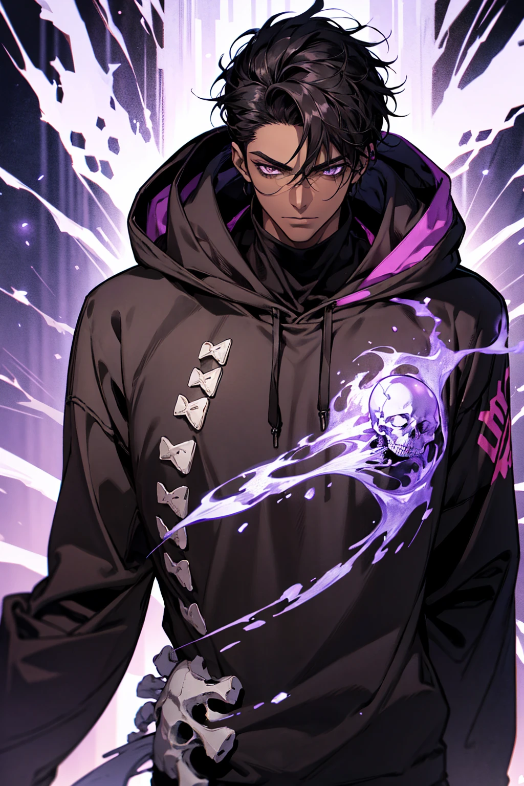 male with bones, looking away from camera, skulls, bones, handsome, black, dark skin, tall, broad shoulders, black hair, purple, purple fire, magic, detailed face, fantasy, hoodie