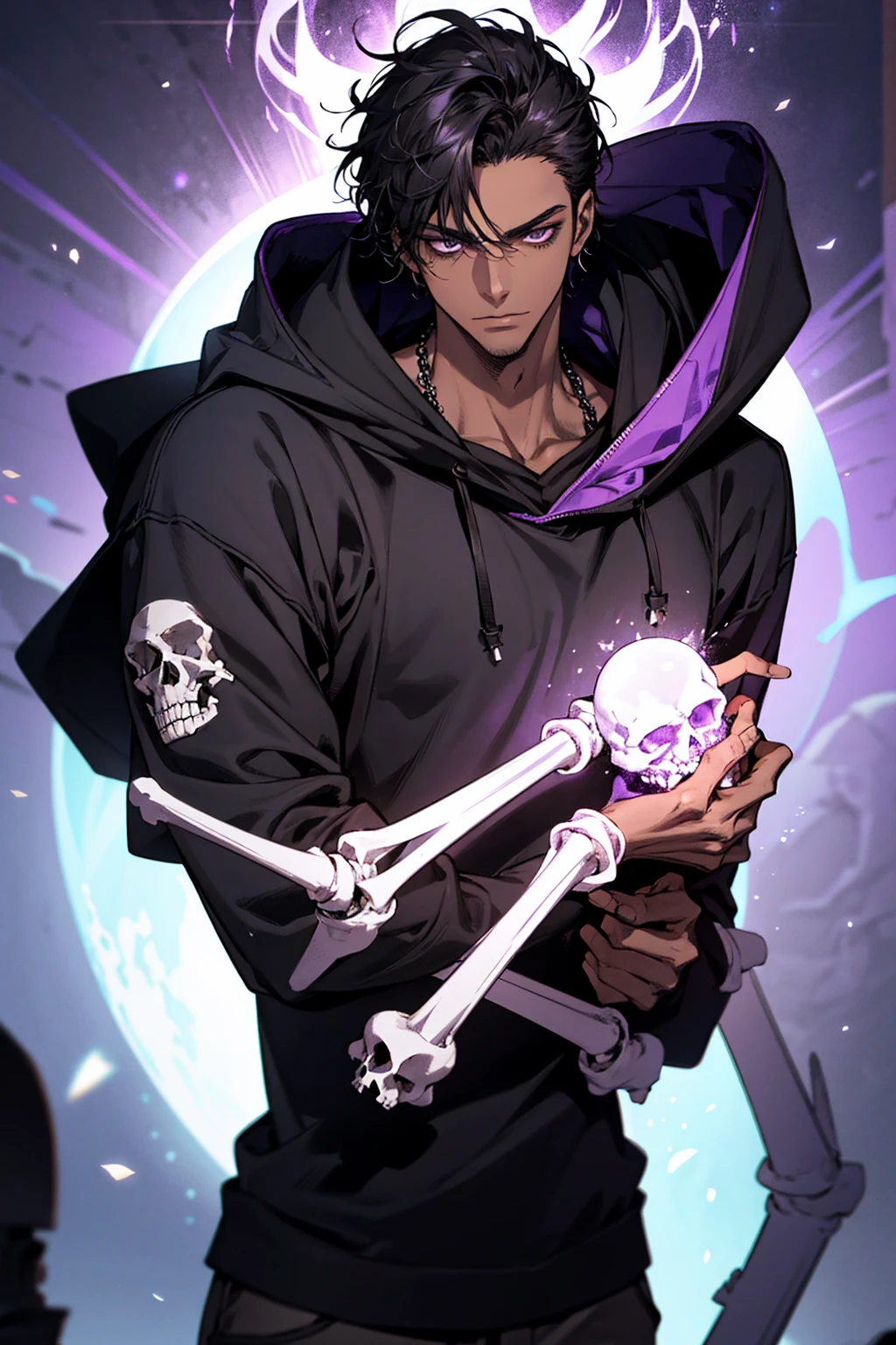male with bones, looking away from camera, skulls, bones, handsome, black, dark skin, tall, broad shoulders, black hair, purple, purple fire, magic, detailed face, fantasy, hoodie