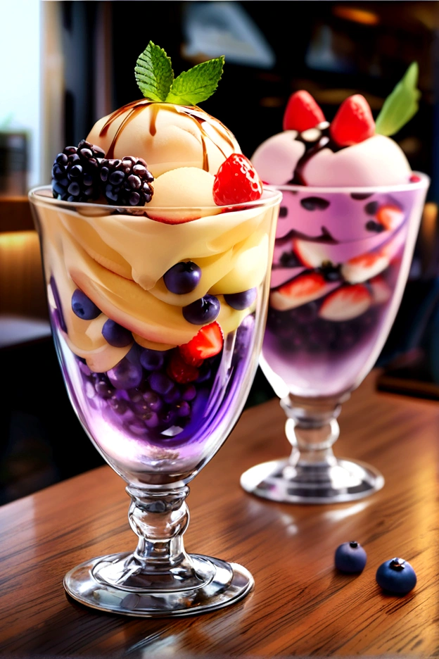 Image conditions：Ultra-Realistic, Professional photos, 4K, High resolution, Shallow depth of field food style：5 star restaurant menu, Very detailed, High aesthetic sense production：A summer dessert of vanilla ice cream decorated with assorted berries, Berries, blackberries, blueberry, Strawberry Container：transparency、Highly reflective and stylish glass cup：Calm café, On an antique wooden table