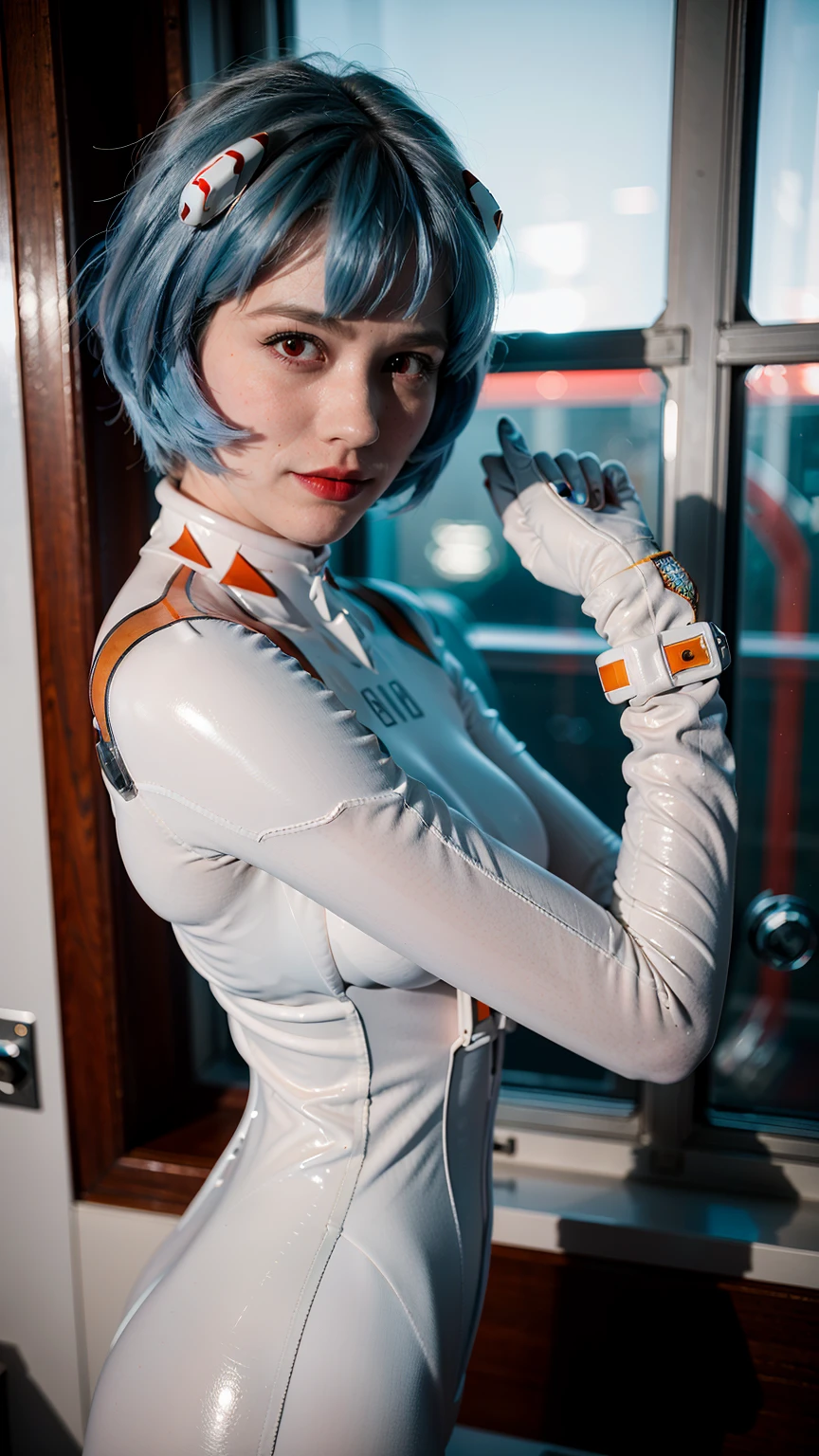 (masterpiece), (best quality), (red eyes), (epiCRealLife), (red lipstick), (j4nu4ryj0n3s) (young woman), (European Model), (Plugsuit), (ayanami_rei plugsuit), interface headset, white bodysuit),(white gloves) (red eyes), (blue hair), (medium breasts),(flash photography), (natural lights), (ample lights),( light smile), (pose for picture), (white gloves), (light smile), (in a spaceship room), (from side), (lying on white modern sofa), (space station interior), (window), (spaceship scene), (space window views)