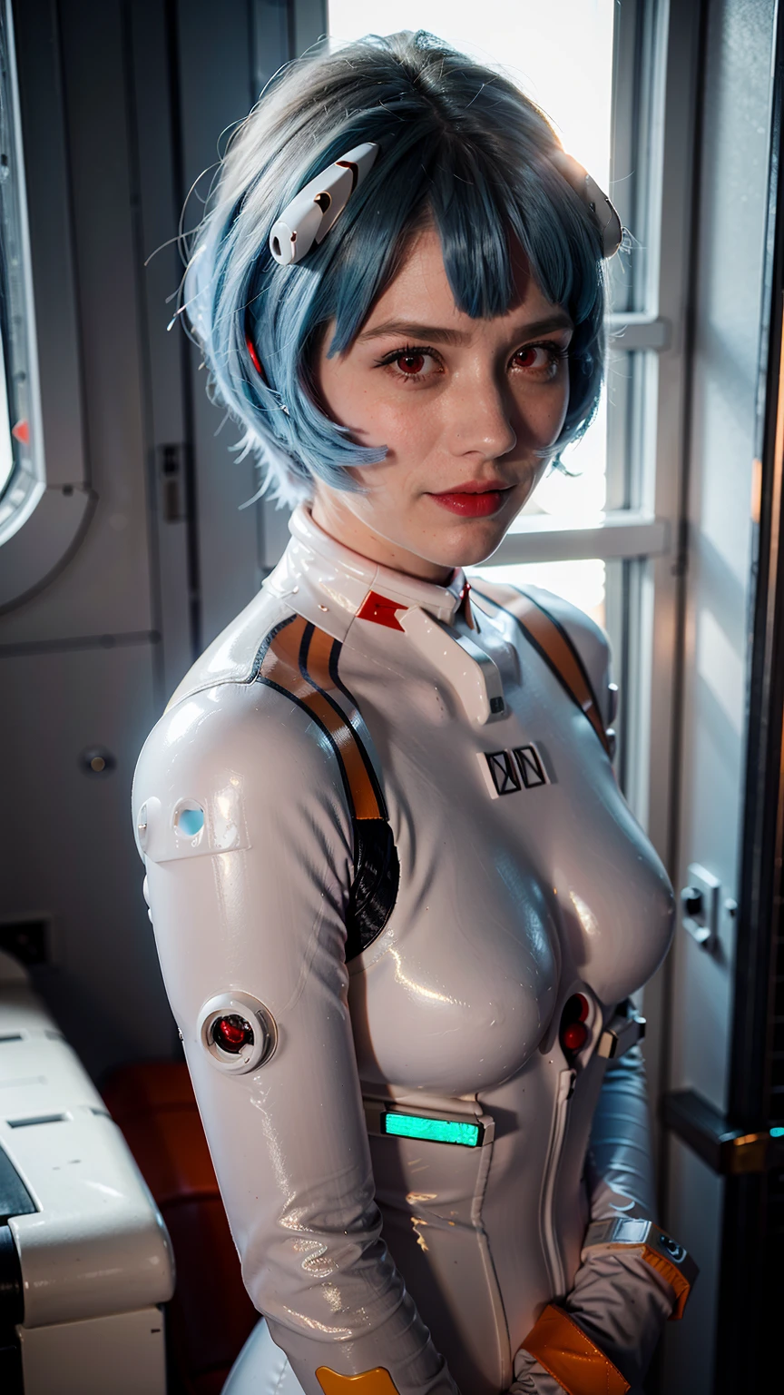(masterpiece), (best quality), (red eyes), (epiCRealLife), (red lipstick), (j4nu4ryj0n3s) (young woman), (European Model), (Plugsuit), (ayanami_rei plugsuit), interface headset, white bodysuit),(white gloves) (red eyes), (blue hair), (medium breasts),(flash photography), (natural lights), (ample lights),( light smile), (pose for picture), (white gloves), (light smile), (in a spaceship room), (from side), (lying on white modern sofa), (space station interior), (window), (spaceship scene), (space window views)