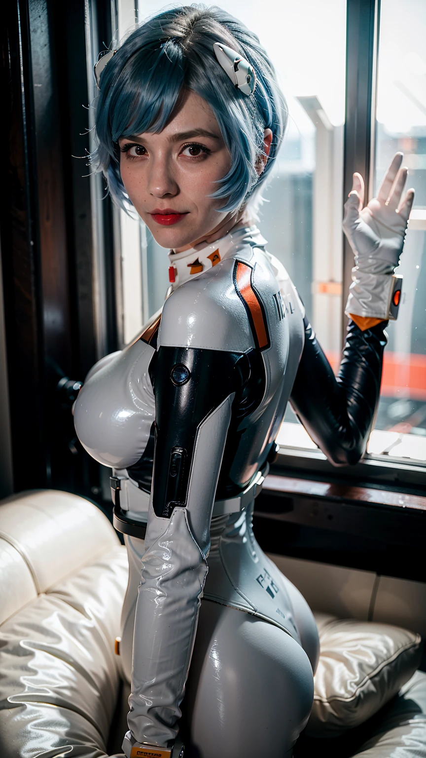 (masterpiece), (best quality), (red eyes), (epiCRealLife), (red lipstick), (j4nu4ryj0n3s) (young woman), (European Model), (Plugsuit), (ayanami_rei plugsuit), interface headset, white bodysuit),(white gloves) (red eyes), (blue hair), (medium breasts),(flash photography), (natural lights), (ample lights),( light smile), (pose for picture), (white gloves), (light smile), (in a spaceship room), (from side), (lying on white modern sofa), (space station interior), (window), (spaceship scene), (space window views)