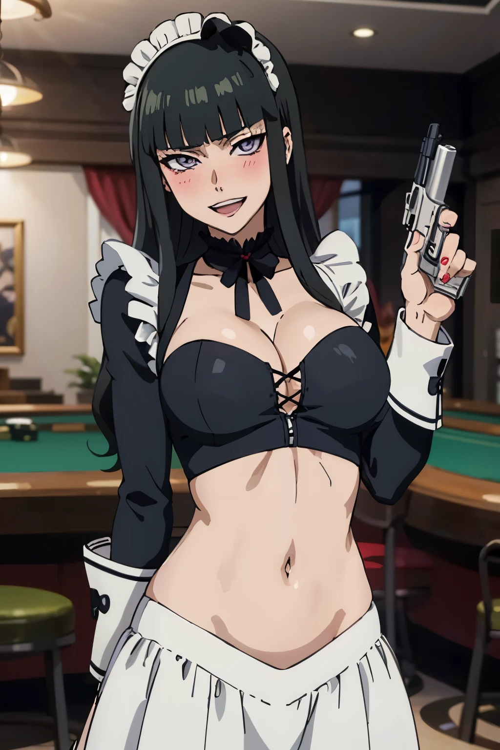 cyan_sung-sun, 1girl, solo, long black hair, purple eyes , large breasts, blush, lipstick, long hair, crazy eyes , jewelry, earrings, complex detailed background, casino environment, fancy interior environment, rich
interior, masterpiece, best quality, highly detailed, a anime girls in maid uniforms with a gun posing for a
picture, maid outfit, cleavage, evil smile, smile, open mouth ,ecchi anime style, anime girls, ecchi style,
ecchi, digital anime art!!, in anime style, official artwork, , beautiful anime maid
girl, anime style 4 k, micro skirt, exposed belly, exposed navel, exposed midriff, exposed lower belly,
holding a gun,