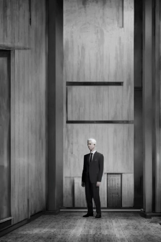 1man, alone, business suit, neat white hair cut, blurryface, blurred face, plain patterns, monochromatic, black and white, shades of grey, shades of gray, old manor background, mansion interior, old playstation style game, lorelei and the laser eyes style, game style, vintage
