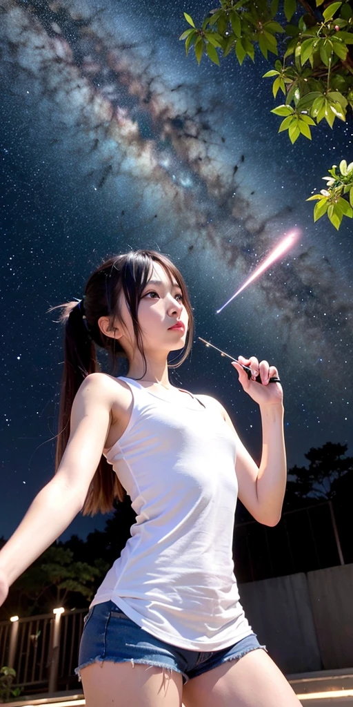 1 girl, Starry Sky,night, shooting star,Chinese Valentine's Day's Day,Upper Body,close,smile,, (8k, RAW Photos, highest quality, masterpiece:1.2),(Realistic, photo-Realistic:1.37),