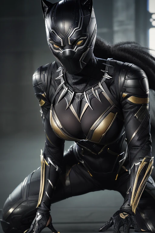 ((Marvel's Black Panther costume, based on the costumes from the Marvel films, very detailed and vivid costume)), (work of art), (ultra detailed), cinematic, (8k resolution), (extremely detailed and technological), Abstract expressionism painting "Hyperion", (sexy Black Panther Goddess, technological armor, Cybernetic, swimsuit armor showing pussy), epic technological image, epic, legendary posture, crouched posture with hands on the ground, flexible body, sexy spread legs. dark environment, digital painting, conceptual art portrait of the character, (sexy female body with curves, (She is a superhero who hides her identity), wearing a black panther mask, the costume has huge panther wings), illuminated Cybernetic eyes , shiny, gold details, ((impressive cleavage, very open, (extremely long and beautiful natural breasts, large, breasts popping out of the cleavage, long, dark nipples showing), (Come close to emphasize the beautiful cleavage, close- up on sagging breasts, naked breasts)), close-up, pay close attention to the entire black panther costume, hot protruding panther, sexiest of all, hentai. I want black panther costume and mask Super detailed cybernetic, lighting details in the costume.
