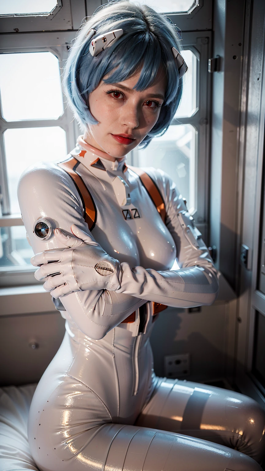 (masterpiece), (best quality), (red eyes), (epiCRealLife), (red lipstick), (j4nu4ryj0n3s) (young woman), (European Model), (Plugsuit), (ayanami_rei plugsuit), interface headset, white bodysuit),(white gloves) (red eyes), (blue hair), (medium breasts),(flash photography), (natural lights), (ample lights),( light smile), (pose for picture), (white gloves), (light smile),  (in a spaceship bedroom), (from above), (lying on back), (lying on the bed),