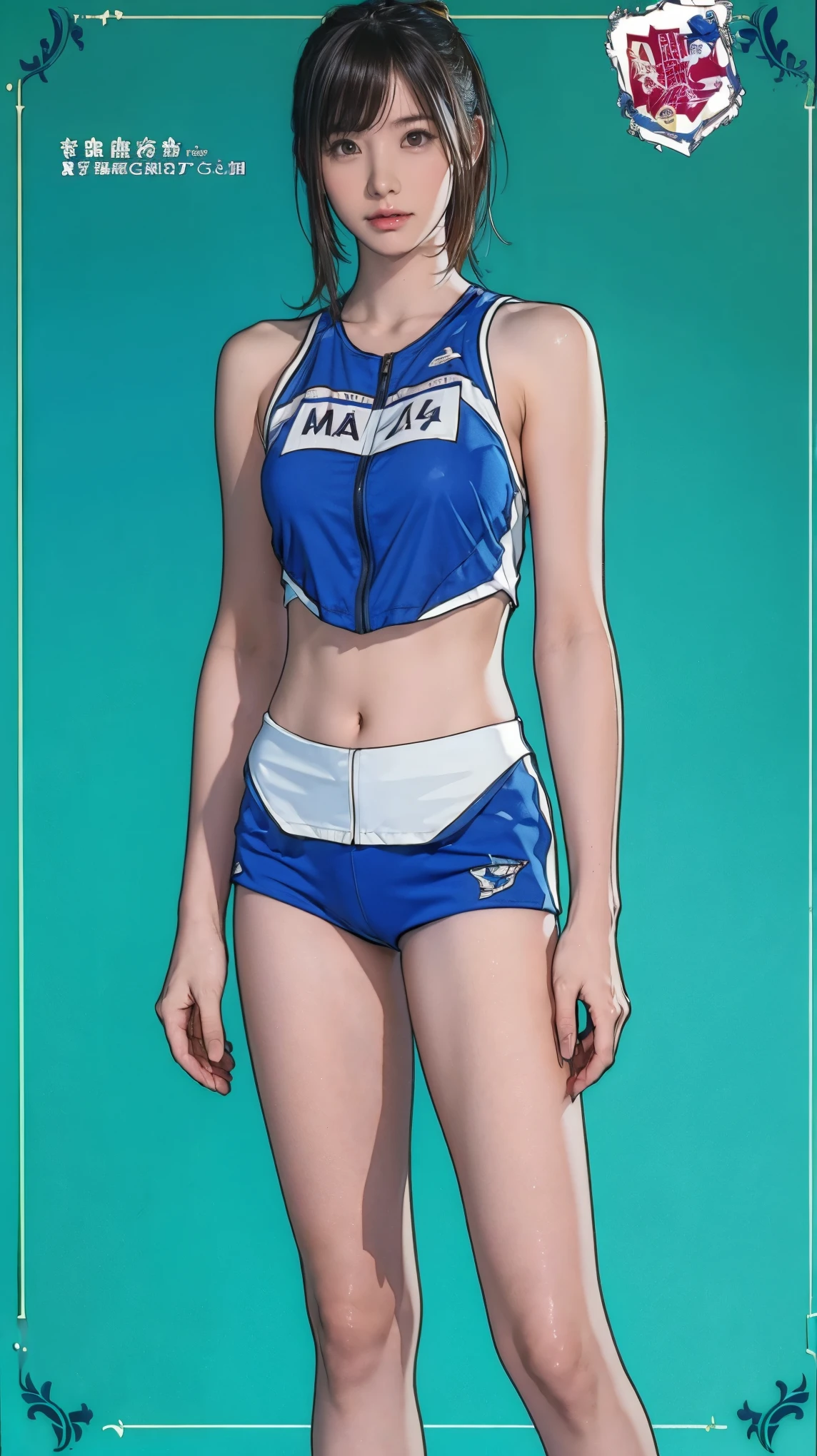 ((masterpiece)),(((highest quality))),((Character design sheet)),Thin thighs,Long legs,It's not a big deal ,Wearing a marathon uniform and marathon shoes